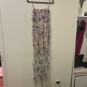 Aidan Mattox Floral Embroidered Maxi Dress in Purple and Cream